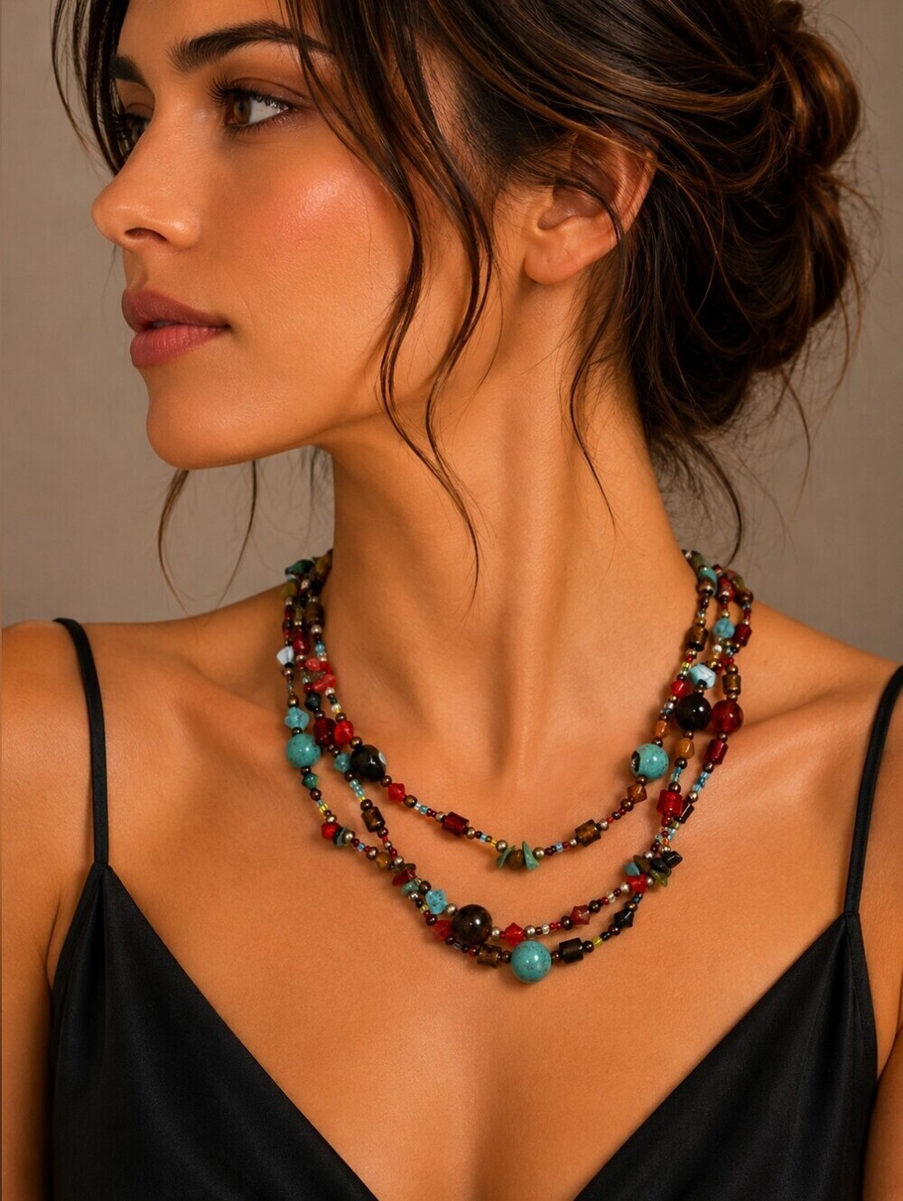 Rainbow Glass and Gemstone Beaded Multi-strand Festival Necklace